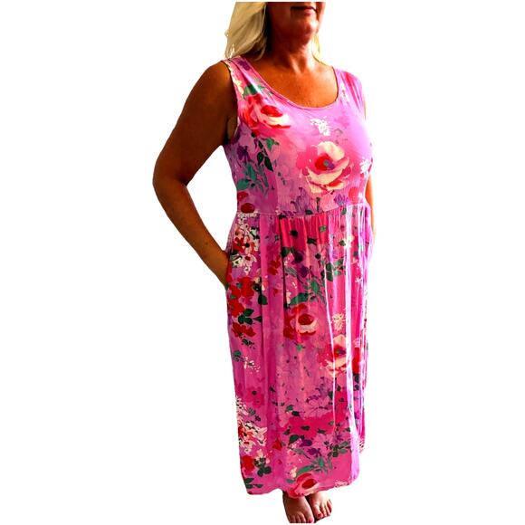 VTG Jams World Womens Pink Floral Hawaiian Boho Sleeveless Pockets Midi Dress M - Picture 2 of 16